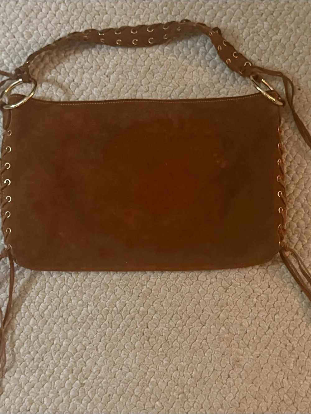 Brown Suede Shoulder Bag with Eyelet Lacing